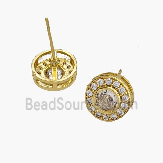 Copper Coin Stud Earrings Pave Zirconia Gold Plated