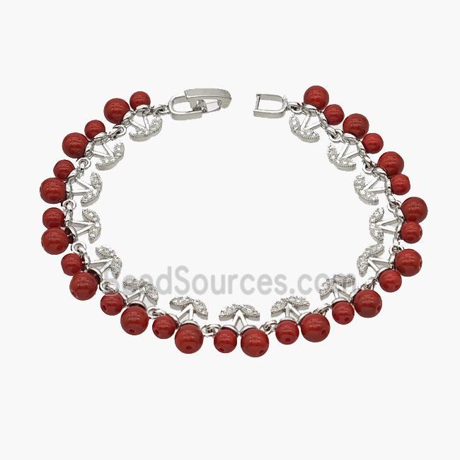 Copper Cherry Bracelet Pave Zirconia Red Resin Ball Platinum Plated