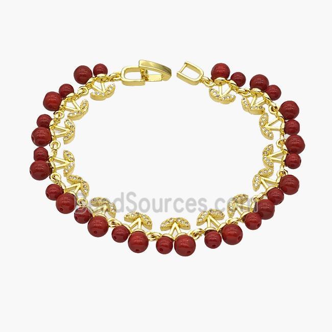 Copper Cherry Bracelet Pave Zirconia Red Resin Ball Gold Plated