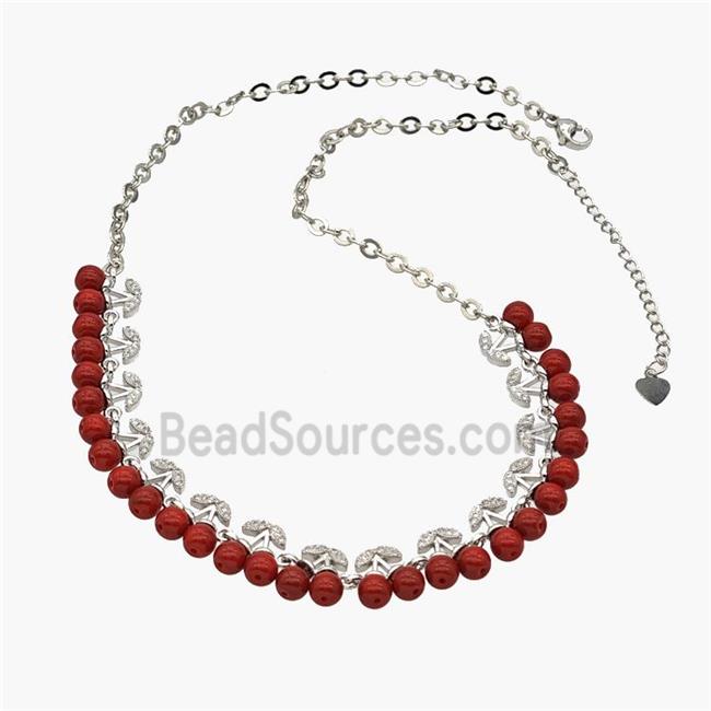 Copper Cherry Necklace Pave Zirconia Red Resin Ball Platinum Plated