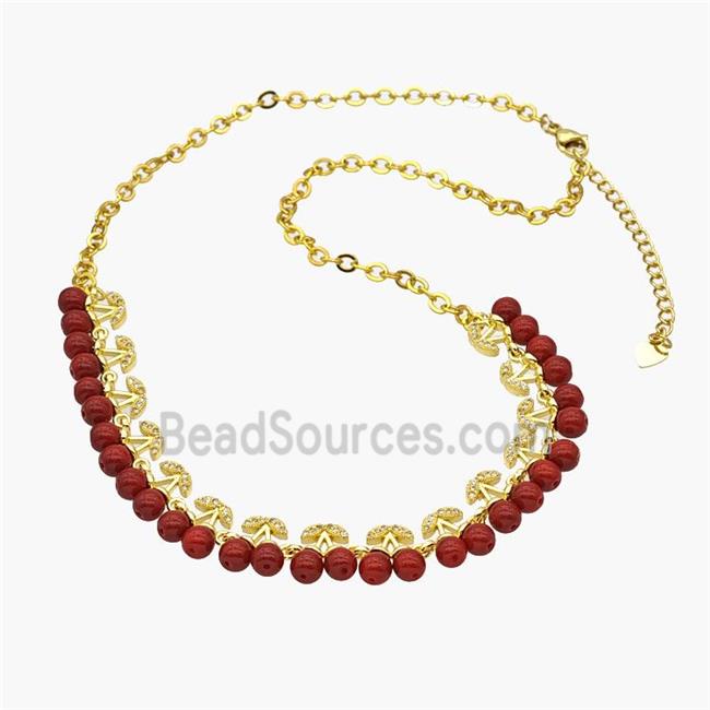 Copper Cherry Necklace Pave Zirconia Red Resin Ball Gold Plated