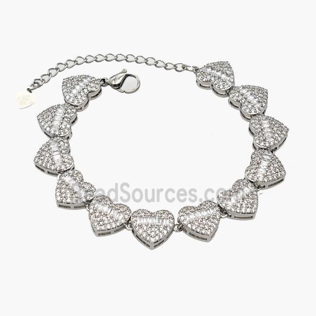 Copper Heart Bracelet Pave Zirconia Platinum Plated