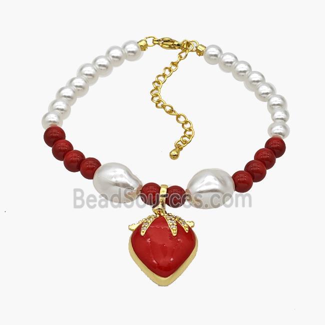 Pearlized Resin Bracelet With Copper Cherry Pendant Red Enamel Gold Plated