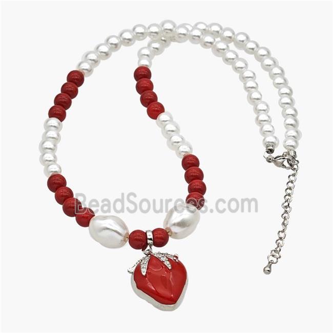 Pearlized Resin Necklace With Copper Cherry Pendant Red Enamel Platinum Plated