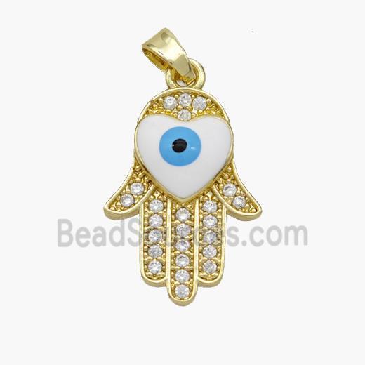 Copper Hamsahand Pendant Pave Zirconia Evil Eye White Enamel Gold Plated