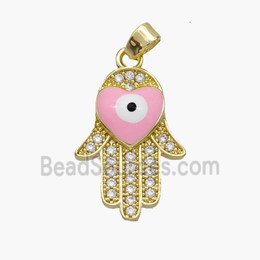 Copper Hamsahand Pendant Pave Zirconia Evil Eye Pink Enamel Gold Plated