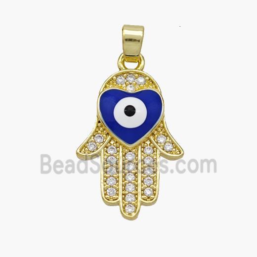 Copper Hamsahand Pendant Pave Zirconia Evil Eye Blue Enamel Gold Plated