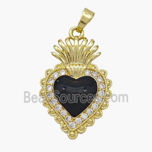 Copper Heart Pendant Pave Zirconia Black Enamel Gold Plated