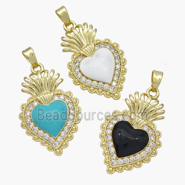 Copper Heart Pendant Pave Zirconia Enamel Gold Plated Mixed