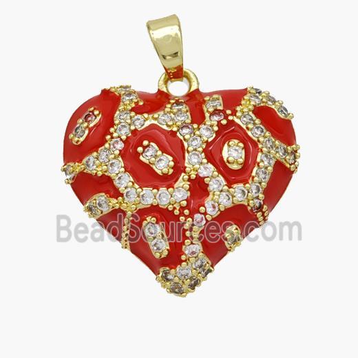 Copper Heart Pendant Micropave Zirconia Red Enamel Gold Plated