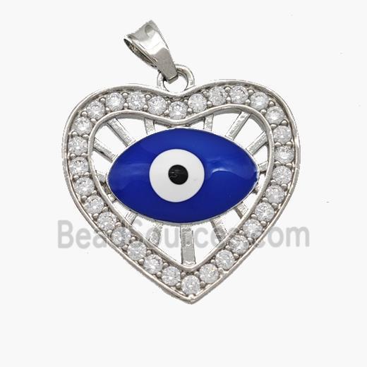 Copper Heart Pendant Pave Zirconia Evil Eye Blue Enamel Platinum Plated