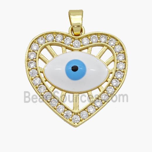 Copper Heart Pendant Pave Zirconia Evil Eye White Enamel Gold Plated