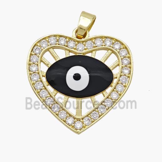 Copper Heart Pendant Pave Zirconia Evil Eye Black Enamel Gold Plated