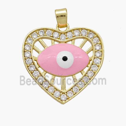 Copper Heart Pendant Pave Zirconia Evil Eye Pink Enamel Gold Plated