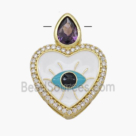 Copper Heart Pendant Pave Zirconia Evil Eye White Enamel Gold Plated