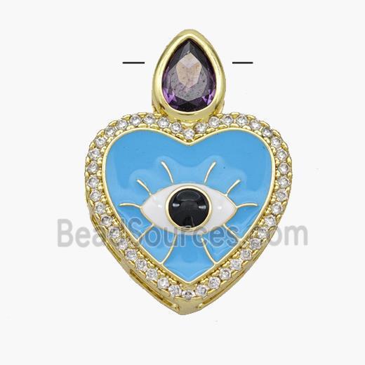 Copper Heart Pendant Pave Zirconia Evil Eye Blue Enamel Gold Plated