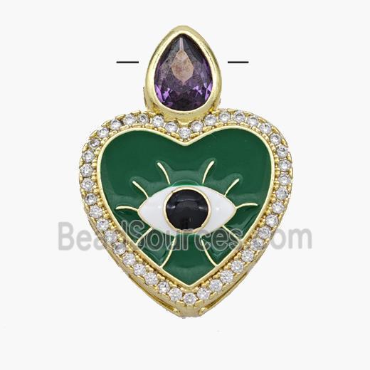 Copper Heart Pendant Pave Zirconia Evil Eye Green Enamel Gold Plated