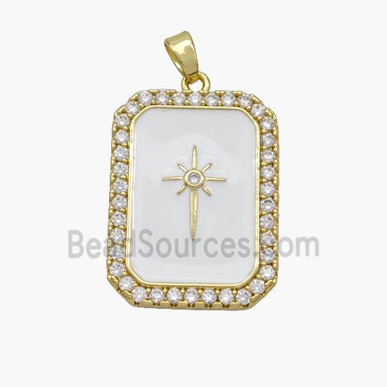 Copper Rectangle Pendant Pave Zirconia White Enamel Northstar Gold Plated