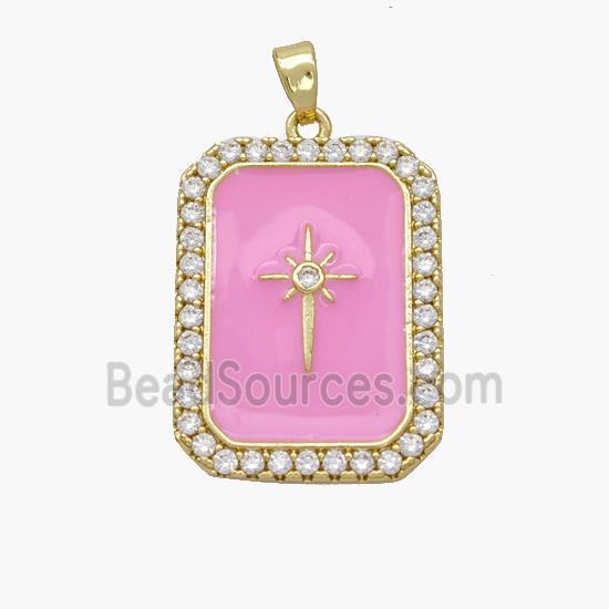 Copper Rectangle Pendant Pave Zirconia Pink Enamel Northstar Gold Plated