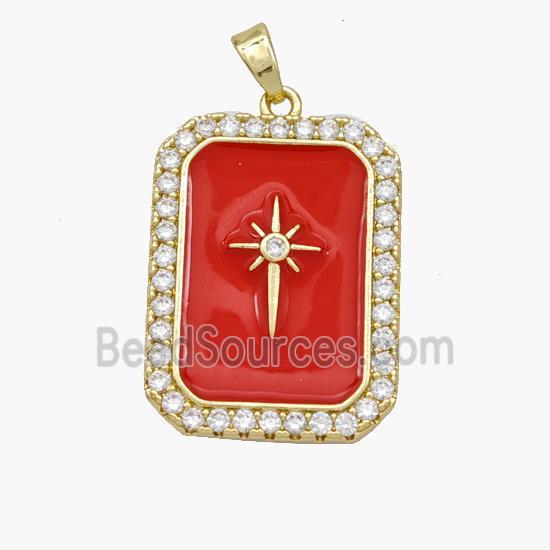 Copper Rectangle Pendant Pave Zirconia Red Enamel Northstar Gold Plated