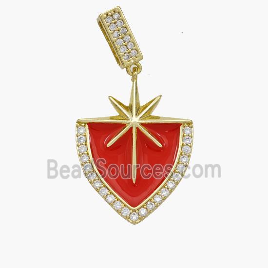 Copper Northstar Pendant Pave Zirconia Red Enamel Shield Gold Plated