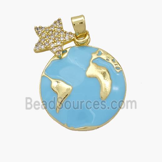 Copper Earth Pendant Teal Enamel Star Pave Zirconia Gold Plated