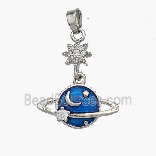 Copper Planet Pendant Blue Painted Star Pave Zirconia Platinum Plated