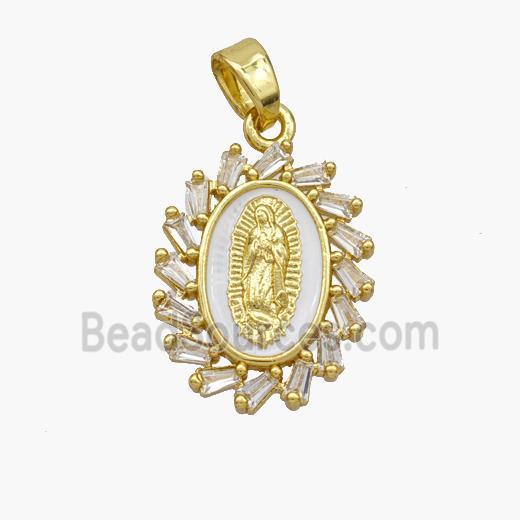 Virgin Mary Charms Copper Pendant Pave Zirconia White Enamel Gold Plated