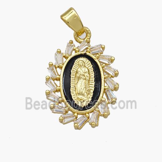 Virgin Mary Charms Copper Pendant Pave Zirconia Black Enamel Gold Plated