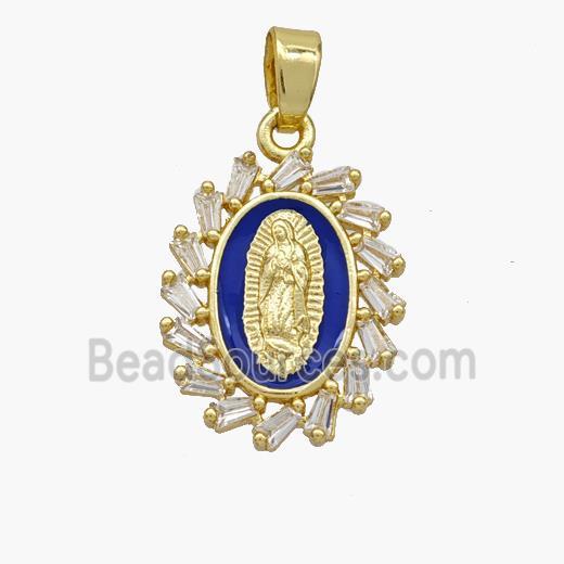 Virgin Mary Charms Copper Pendant Pave Zirconia Blue Enamel Gold Plated