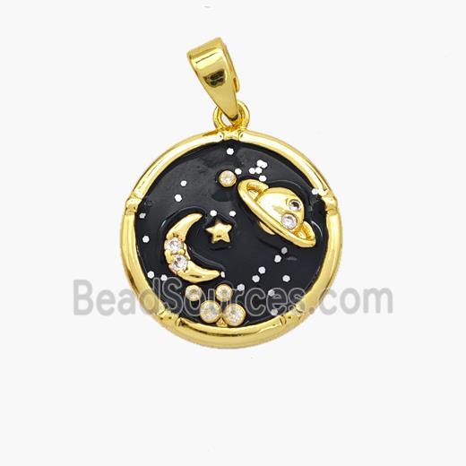 Copper Planet Pendant Black Enamel Moonstone Gold Plated