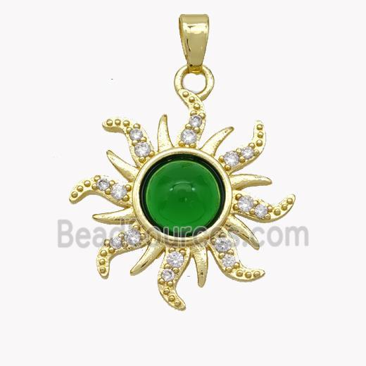 Copper Sun Pendant Pave Zirconia Green Jade Gold Plated