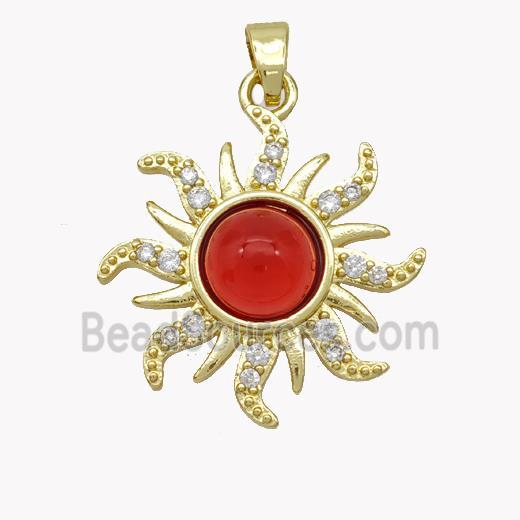 Copper Sun Pendant Pave Zirconia Red Jade Gold Plated