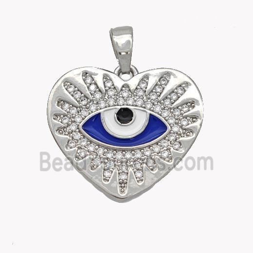 Copper Heart Pendant Pave Zirconia Blue Enamel Evil Eye Platinum Plated