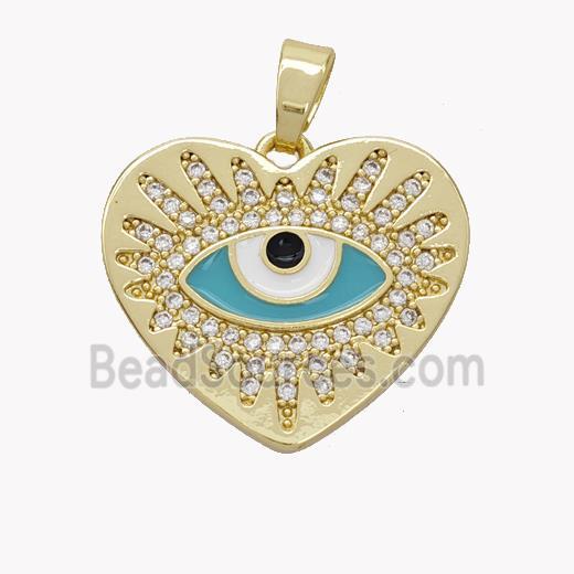 Copper Heart Pendant Pave Zirconia Teal Enamel Evil Eye Gold Plated