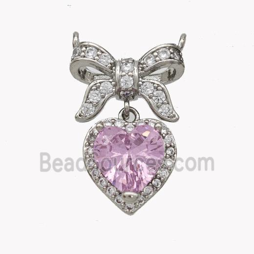 Copper Bow Heart Pendant Pave Crystal Glass Zirconia 2loops Platinum Plated