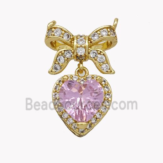 Copper Bow Heart Pendant Pave Crystal Glass Zirconia 2loops Gold Plated