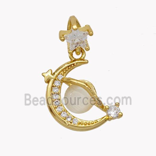 Copper Moon Pendant Pave Cateye Glass Zirconia Gold Plated