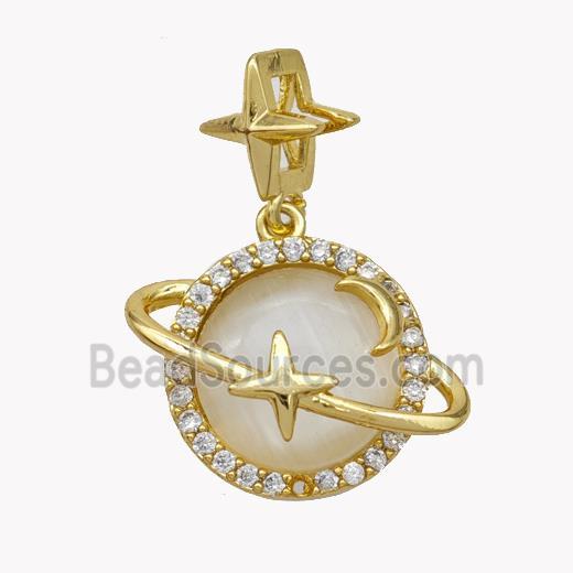 Copper Planet Pendant Pave Cateye Glass Zirconia Gold Plated