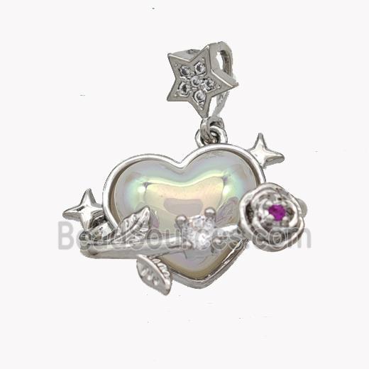 Copper Heart Pendant Pave Pearlized Acrylic Flower Platinum Plated