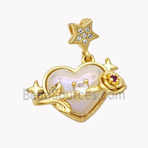 Copper Heart Pendant Pave Pearlized Acrylic Flower Gold Plated