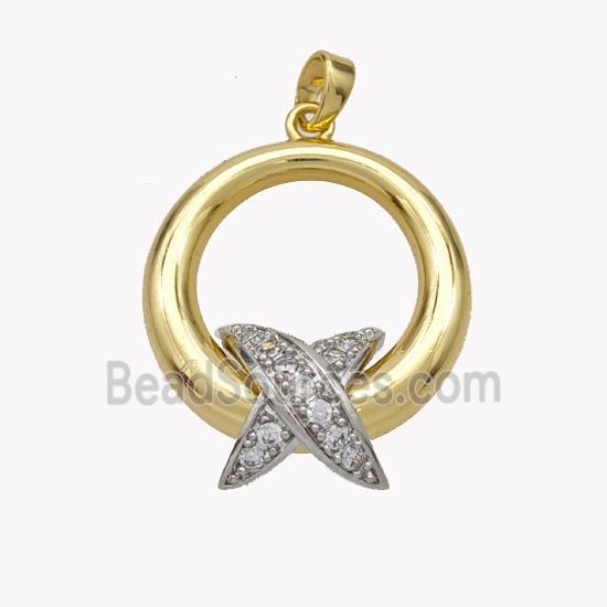 Copper Circle Pendant With X Pave Zirconia Gold Plated