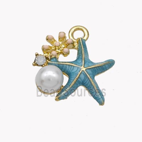 Copper Starfish Pendant Pave Pearlized Resin Blue Painted Gold Plated