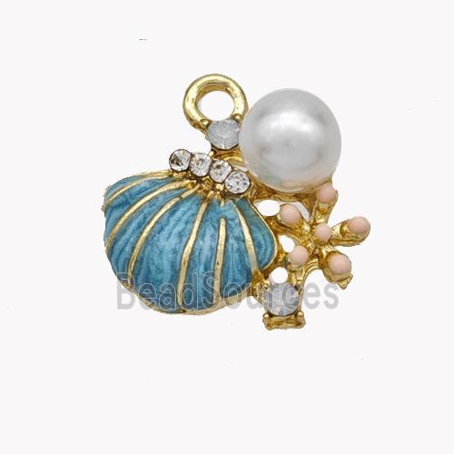 Copper Conch Pendant Pave Pearlized Resin Blue Painted Gold Plated