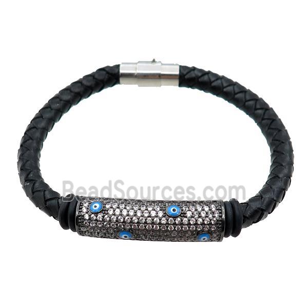 PU leather bracelet with magnetic clasp, copper tube beads pave zircon, evil eye