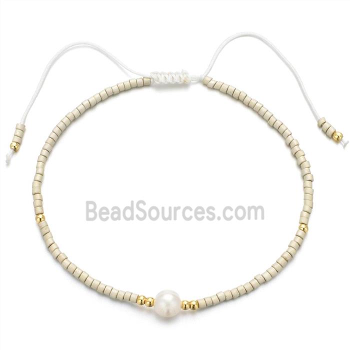 handmade miyuki glass Bracelet with Pearl, adjustable, beige