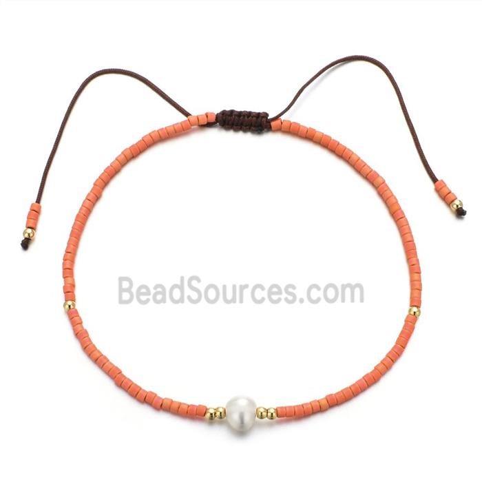 handmade miyuki glass Bracelet with Pearl, adjustable, orange