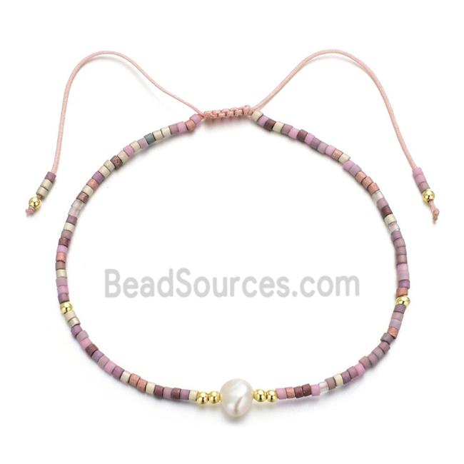 handmade miyuki glass Bracelet with Pearl, adjustable, pink