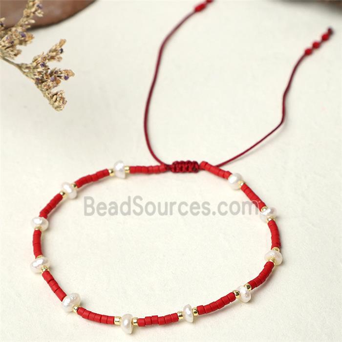 handmade miyuki seed glass Bracelet with Pearl, adjustable, red
