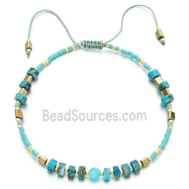 handmade miyuki glass Bracelet with Imperial Jasper, adjustable, aqua